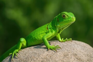 Fototapeta premium Adorable neon-green hatchling basking on a large stone