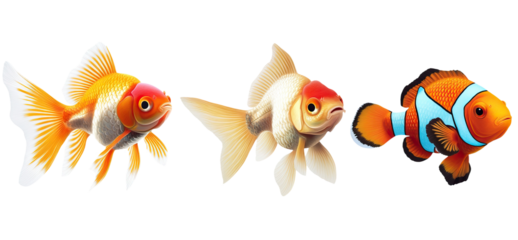 Set of three different fish species swimming. Each element is separately isolated