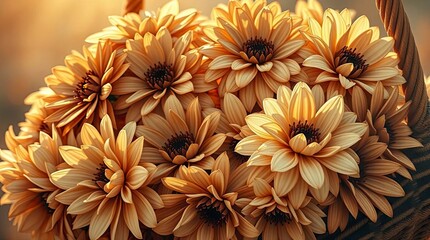 Close-up of a basket full of flowers bathed in the soft, warm light of the golden hour. The flowers are in soft brown and cream tones.