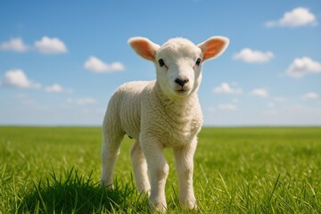 Adorable small sheep gazing at the lens amidst lush greenery on a bright sunny day