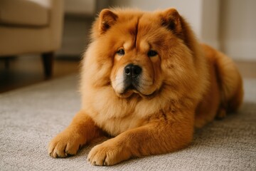 Chow-Chow breed relaxing on a cozy rug inside the home