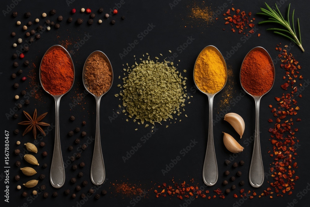 Poster assorted dried herbs and spices displayed on spoons against a dark background