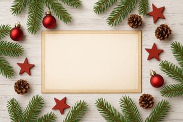 Holiday greeting card displayed on a rustic white wooden surface, top-down view