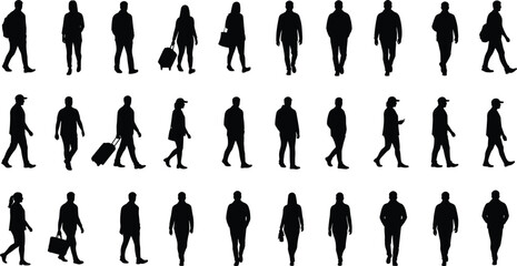 Silhouette collection of walking people, men and women, casual clothing, travel and commuter poses, vector illustration for design use