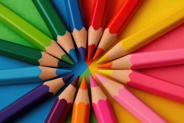 Macro shot of vibrant colored pencils arranged on a multicolored background