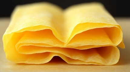 Golden Pasta Sheets: A close-up of stacked fresh pasta sheets, their layers revealing a delicate, textured surface, ready for culinary creations. The warm glow highlights their inviting appeal.