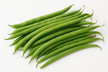 Detailed view of vibrant green beans on a plain white backdrop