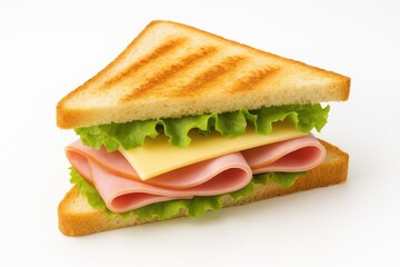 Delicious toasted sandwich featuring ham, cheese, and fresh lettuce on a white bread base, captured in a vertical shot against a plain white backdrop.