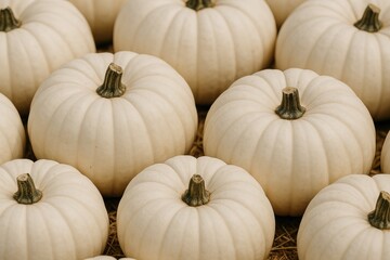 Detailed view of a cluster of white pumpkins on a farm