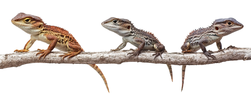 Set of three different lizard species on identical branches