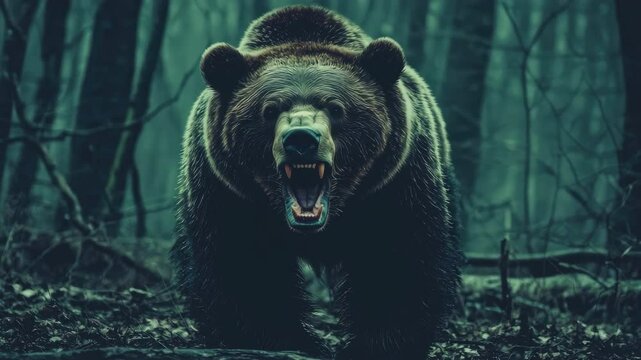 Angry wild bear roaring fiercely in dark forest with sharp teeth intense eyes mammal nature animal