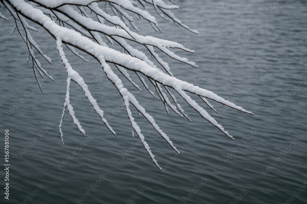 Poster detailed view of frosty branches draping over a reflective surface