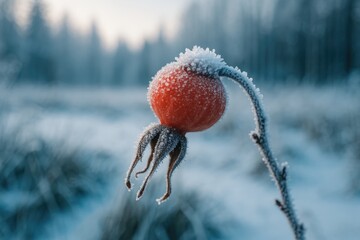 Detailed view of a frost-covered rosehip