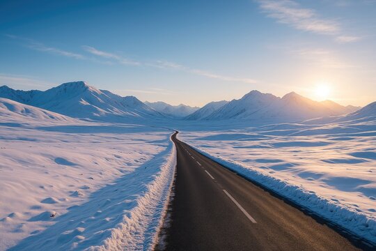 Stunning winter scenery featuring snow-covered peaks under a clear blue sunrise sky