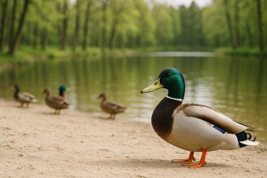 A rapper relaxing by a forest lake shoreline with waterfowl nearby