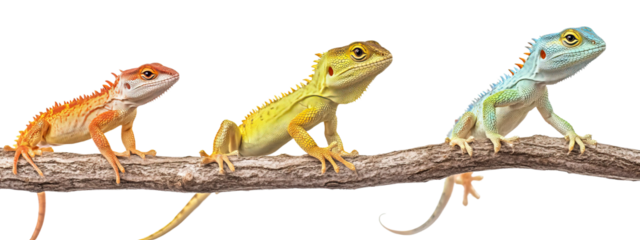Set of three different lizard species on identical branches