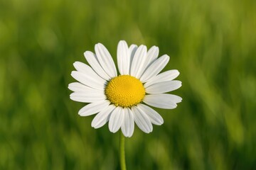 Obraz premium Detailed view of a chamomile flower with white petals and a blurred background