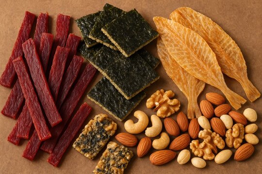 Dehydrated snacks including beef jerky, seaweed crackers, dried filefish, and mixed nuts