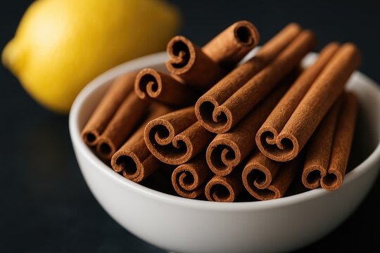 Detailed view of cinnamon sticks arranged in a white dish with a blurred background