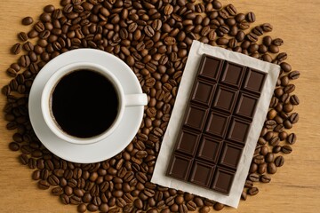 A white cup filled with coffee alongside a chocolate bar on spilled coffee beans, viewed from above