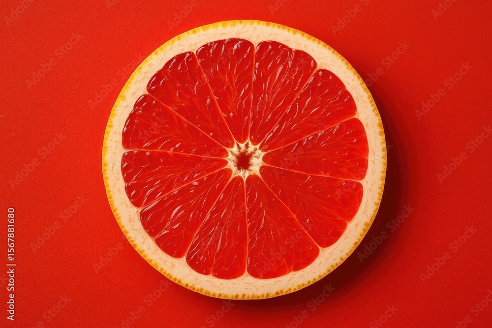 Poster close-up of a vibrant red grapefruit segment on a matching red backdrop with sharp focus