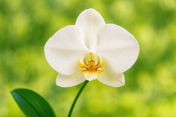 Obraz premium Detailed view of an orchid blossom against a gentle green garden backdrop
