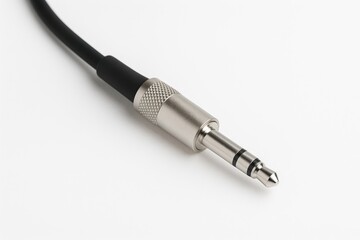 Detailed view of a metallic audio connector with a black wire against a white backdrop