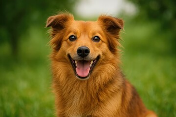 Adorable joyful brown fluffy mixed-breed dog