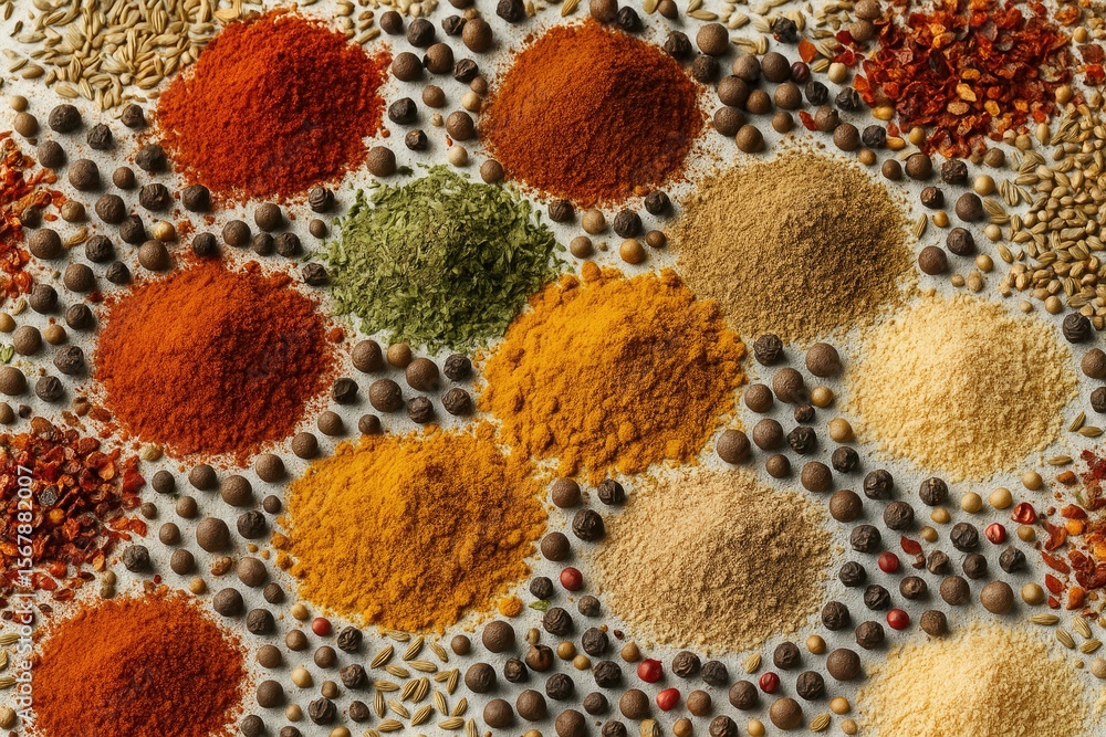 Poster assorted condiments spread across a table for decorative spice background