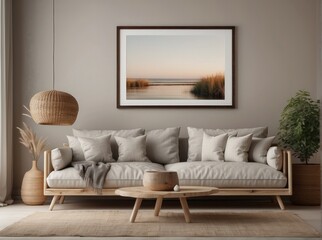 Rustic sofa with white cushions next to accent end table against beige wall with empty mock up frame