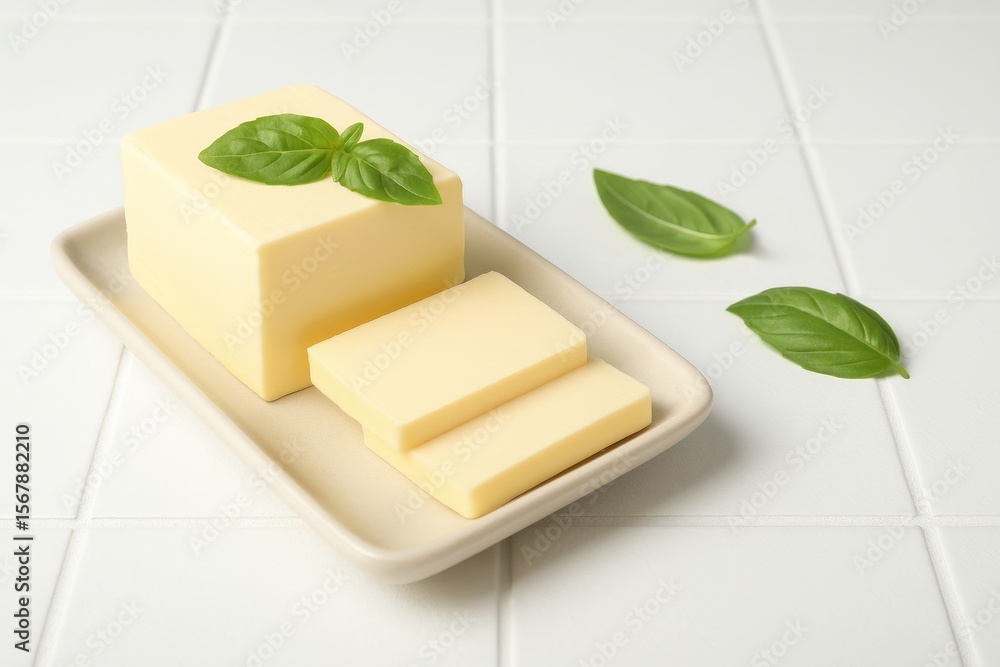 Poster chopping butter and basil on a white tiled surface, close-up shot with space for customization