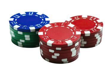 Set of three, casino chips in red, green, and blue. Each is separately isolated