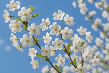 Blooming white cherry blossoms on branches with a clear blue sky backdrop