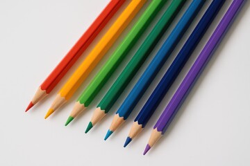 Obraz premium Vibrant rainbow-colored pencils displayed on a plain white backdrop