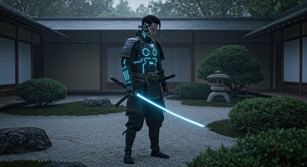 Futuristic samurai warrior with glowing katana stands in traditional garden