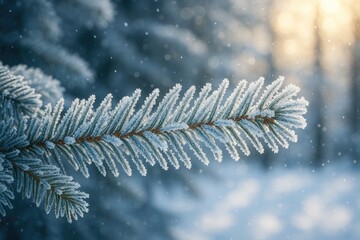 Detailed view of a frosted evergreen branch with ice coating during wintertime, holiday season scene with snow-covered backgrounds and greeting cards