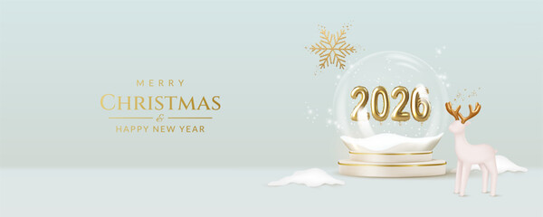 Christmas and New Year greeting card with gold balloons number 2026