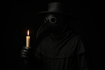 Mysterious figure wearing a bird-masked costume holding a candle against a dark backdrop, evoking eerie Halloween themes and historical pandemic imagery
