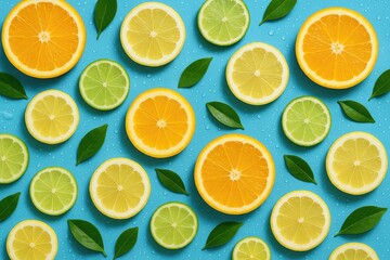 Obraz premium Bright blue backdrop showcasing a variety of citrus fruits