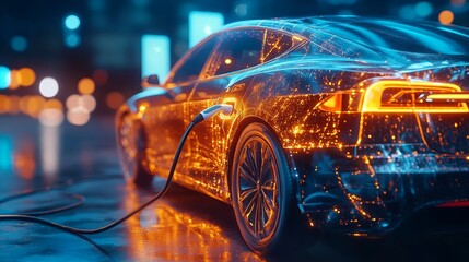 Electric car charging city night energy future