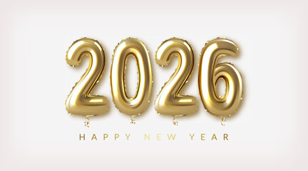 Christmas and New Year greeting card with gold balloons number 2026