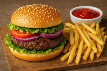 Tasty burger paired with crispy fries and tangy ketchup