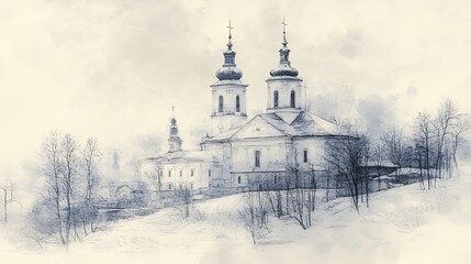 Obraz premium Winter church landscape, artistic depiction, snow-covered hills, tranquil scene