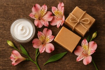 Beauty products and natural elements arranged on rustic wooden surface