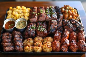 A variety of grilled meats displayed on a platter, showcasing different marinades and sides