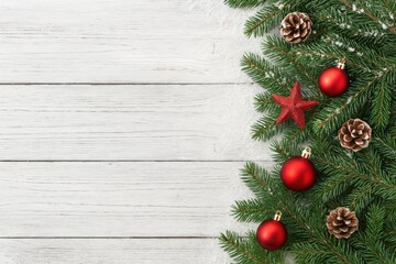 Festive holiday tree adorned with ornaments against a rustic white wooden backdrop