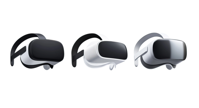 Sleek VR headsets in black, white, and grey with adjustable straps for immersive play
