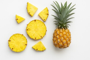 Arrangement of juicy sliced pineapples on a clean white surface