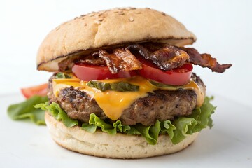 Juicy bacon cheeseburger with melted cheddar cheese fresh lettuce tomato and pickles on a sesame seed bun