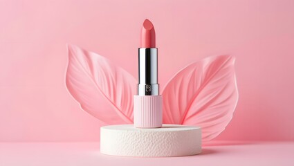 Pink lipstick beauty product makeup cosmetic beauty photography pink background leaves style